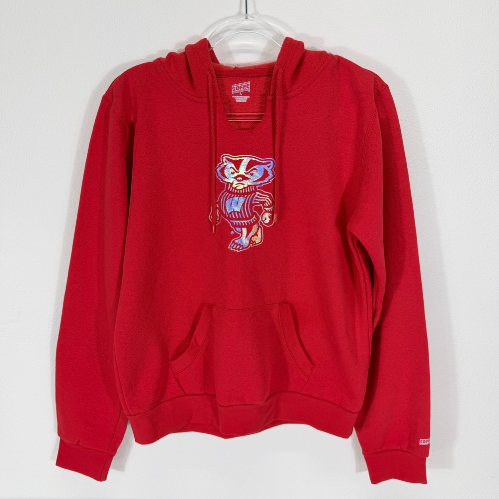 Soffe Vintage Y2K Wisconsin Badgers Holographic Bucky Hoodie Red Sweatshirt L